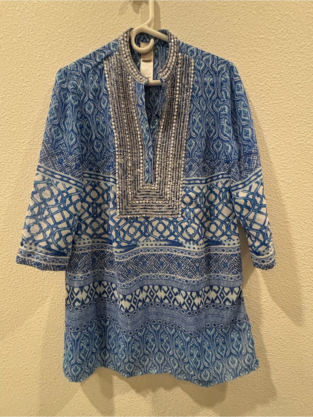 Chico's Blue & White Beaded Tunic Top